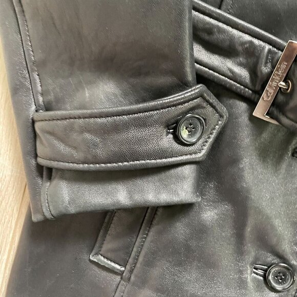 Calvin Klein Genuine Leather Trench Coat Women Small Black Classic Elegant Retro - Picture 9 of 15